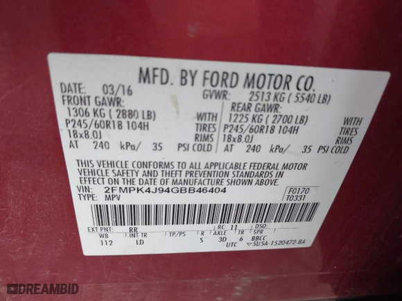 2016 Ford Edge SEL with VIN 2FMPK4J94GBB46404, listed as a IAAI auction lot 41928994 with 118,069 mi miles. Bid and sale history available at carsss.com. Image 9.