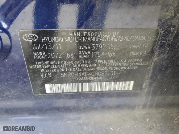 2012 Hyundai Elantra GLS PZEV with VIN 5NPDH4AE4CH087131, listed as a Copart auction lot 52668105 with 117,308 mi miles and Salvage Title. Bid and sale history available at carsss.com. Image 12.