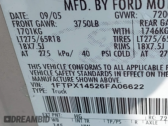 2006 Ford F-150 XLT with VIN 1FTPX14526FA06622, listed as a IAAI auction lot 42401659 with Not provided miles and . Bid and sale history available at DreamBid. Image 9.