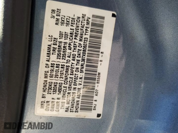 2008 Honda Odyssey EX-L с VIN 5FNRL387X8B060723, выставлен на аукционе Copart как лот 54610555 с пробегом 156 477 миль миль и Списание • Salvage title. История ставок и продаж доступна на DreamBid. Изображение 13.