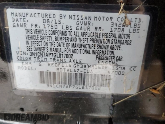 2016 Nissan Versa SV z VIN 3N1CN7AP7GL817002, wystawiony jako Copart lot #41481375 z przebiegiem 161 411 mil mil oraz Czysty tytuł • Clean title. Historia ofert i sprzedaży dostępna na DreamBid. Obrazek 24.