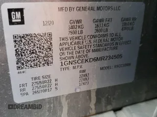 2021 Chevrolet Suburban RST with VIN 1GNSCEKD6MR234505, listed as a Copart auction lot 71460224 with 69,174 mi miles and Salvage title. Bid and sale history available at DreamBid. Image 13.
