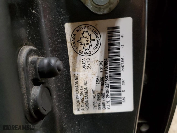 2013 Honda Civic Sdn LX with VIN 2HGFB2F58DH107884, listed as a Copart auction lot 50954465 with 136,336 mi miles and Salvage Title. Bid and sale history available at carsss.com. Image 12.