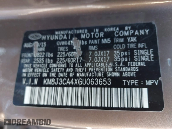 2016 Hyundai Tucson SE z VIN KM8J3CA4XGU063653, wystawiony jako IAAI lot #41622270 z przebiegiem 103 270 mil mil oraz . Historia ofert i sprzedaży dostępna na DreamBid. Obrazek 9.