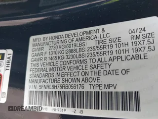 2024 Honda Odyssey Sport with VIN 5FNRL6H75RB056176, listed as a IAAI auction lot 41701547 with 10,660 mi miles and . Bid and sale history available at DreamBid. Image 9.