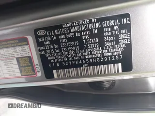 2017 Kia Sorento SX with VIN 5XYPK4A59HG291257, listed as a IAAI auction lot 42450031 with 68,734 mi miles and . Bid and sale history available at DreamBid. Image 9.
