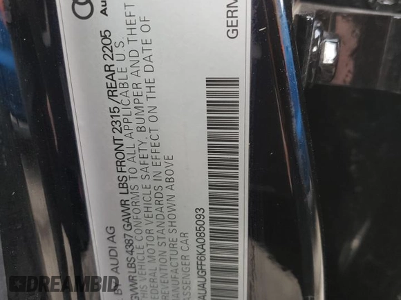 2019 Audi A3 Sedan Premium with VIN WAUAUGFF6KA085093, listed as a Copart auction lot 47072275 with 58,012 mi miles and Salvage Title. Bid and sale history available at carsss.com. Image 12.