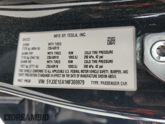 2022 Tesla Model 3 with VIN 5YJ3E1EA1NF369979, listed as a Copart auction lot 51351785 with 0 mi miles and Salvage Title. Bid and sale history available at carsss.com. Image 12.
