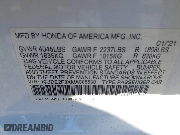 2021 Acura ILX Premium with VIN 19UDE2F8XMA005560, listed as a IAAI auction lot 41613594 with 69,836 mi miles and . Bid and sale history available at DreamBid. Image 9.
