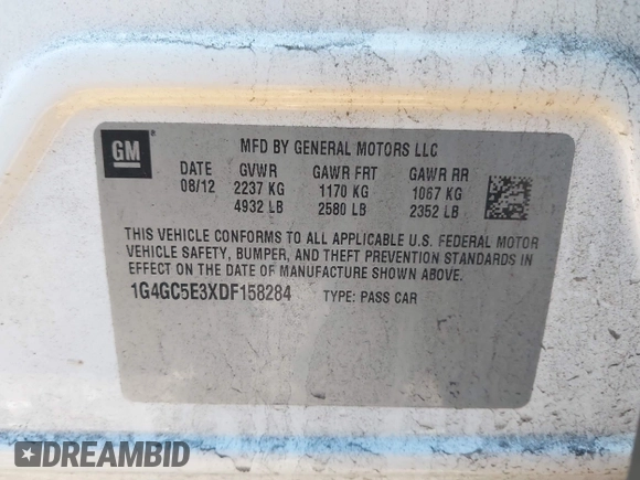 2013 Buick LaCrosse Leather with VIN 1G4GC5E3XDF158284, listed as a IAAI auction lot 41464830 with 193,583 mi miles. Bid and sale history available at carsss.com. Image 9.