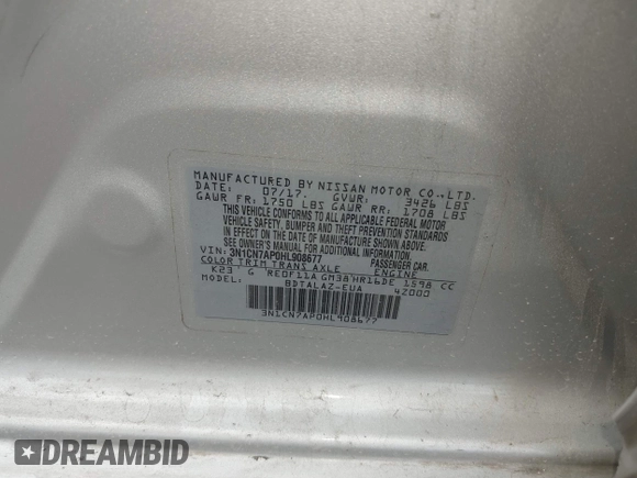 2017 Nissan Versa SV with VIN 3N1CN7AP0HL908677, listed as a IAAI auction lot 42094739 with Not provided miles and . Bid and sale history available at DreamBid. Image 9.