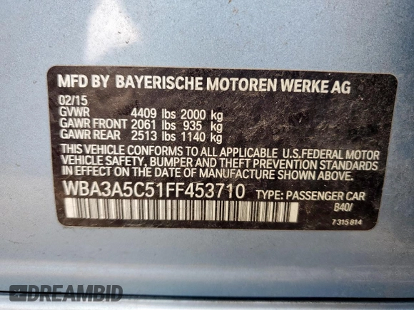 2015 BMW 3 Series 328i with VIN WBA3A5C51FF453710, listed as a Copart auction lot 58713295 with 186,395 mi miles and Salvage title. Bid and sale history available at DreamBid. Image 13.