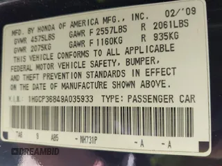 2009 Honda Accord EX-L with VIN 1HGCP36849A035933, listed as a IAAI auction lot 42059622 with 216,513 mi miles and . Bid and sale history available at DreamBid. Image 9.