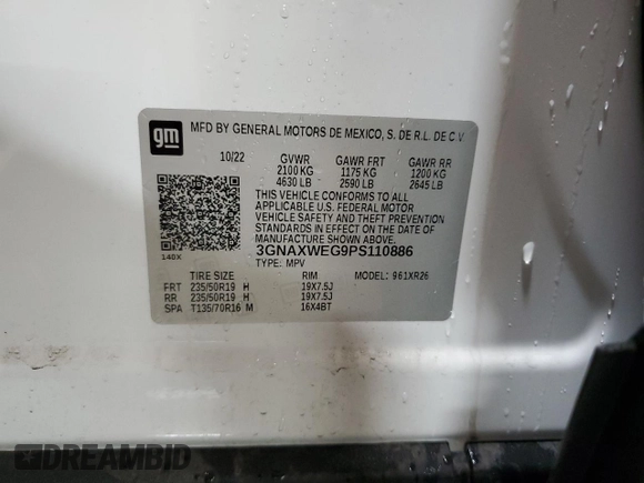 2023 Chevrolet Equinox RS with VIN 3GNAXWEG9PS110886, listed as a Copart auction lot 52318225 with 28,557 mi miles and Salvage title. Bid and sale history available at DreamBid. Image 13.