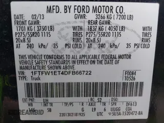 2013 Ford F-150 XL with VIN 1FTFW1ET4DFB66722, listed as a IAAI auction lot 41691976 with 160,634 mi miles. Bid and sale history available at carsss.com. Image 9.