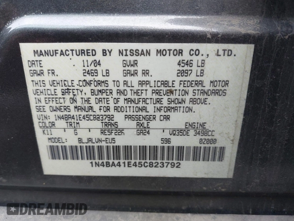 2005 Nissan Maxima 3.5 SL with VIN 1N4BA41E45C823792, listed as a IAAI auction lot 41251486 with 165,130 mi miles. Bid and sale history available at carsss.com. Image 9.