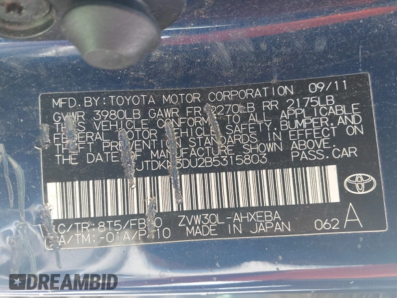 2011 Toyota Prius I with VIN JTDKN3DU2B5315803, listed as a IAAI auction lot 42092280 with 235,799 mi miles. Bid and sale history available at carsss.com. Image 9.