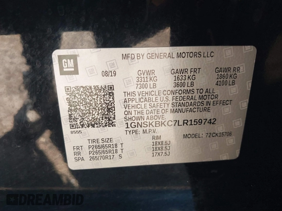 2020 Chevrolet Tahoe LT with VIN 1GNSKBKC7LR159742, listed as a IAAI auction lot 41854694 with 112,087 mi miles and . Bid and sale history available at DreamBid. Image 9.
