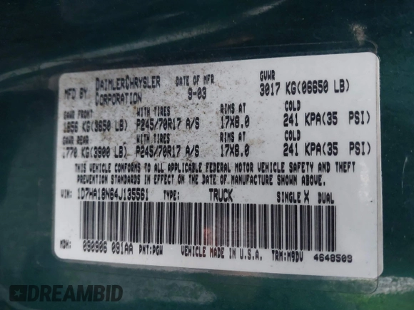 2004 Dodge 1500 SLT with VIN 1D7HA18N64J135561, listed as a IAAI auction lot 41724085 with 209,256 mi miles and . Bid and sale history available at DreamBid. Image 9.