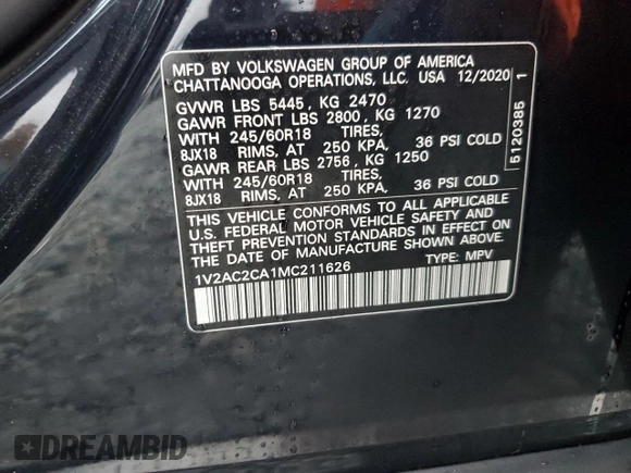 2021 Volkswagen Atlas S z VIN 1V2AC2CA1MC211626, wystawiony jako Copart lot #84148364 z przebiegiem 76 938 mil mil oraz Szkoda całkowita • Salvage title. Historia ofert i sprzedaży dostępna na DreamBid. Obrazek 13.