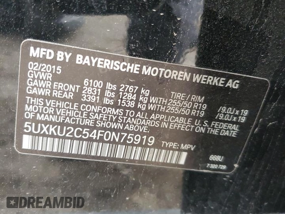 2015 BMW X6 xDrive35i with VIN 5UXKU2C54F0N75919, listed as a Copart auction lot 43558254 with 143,246 mi miles and . Bid and sale history available at DreamBid. Image 12.