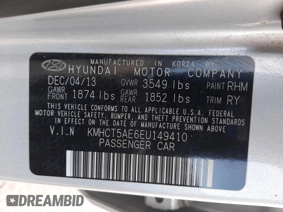 2014 Hyundai Accent GS with VIN KMHCT5AE6EU149410, listed as a Copart auction lot 53812095 with 112,124 mi miles and Salvage title. Bid and sale history available at DreamBid. Image 14.