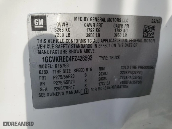 2015 Chevrolet Silverado 1500 LT with VIN 1GCVKREC4FZ426592, listed as a Copart auction lot 72136034 with 101,366 mi miles and Salvage Title. Bid and sale history available at carsss.com. Image 15.