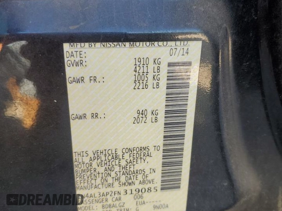 2015 Nissan Altima 2.5 with VIN 1N4AL3AP2FN319085, listed as a Copart auction lot 56742255 with 164,559 mi miles and Clean title. Bid and sale history available at DreamBid. Image 13.