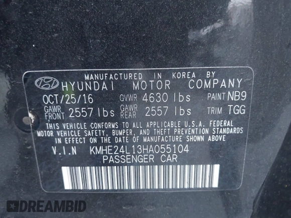 2017 Hyundai Sonata SE with VIN KMHE24L13HA055104, listed as a IAAI auction lot 41901568 with 100,456 mi miles and . Bid and sale history available at DreamBid. Image 9.