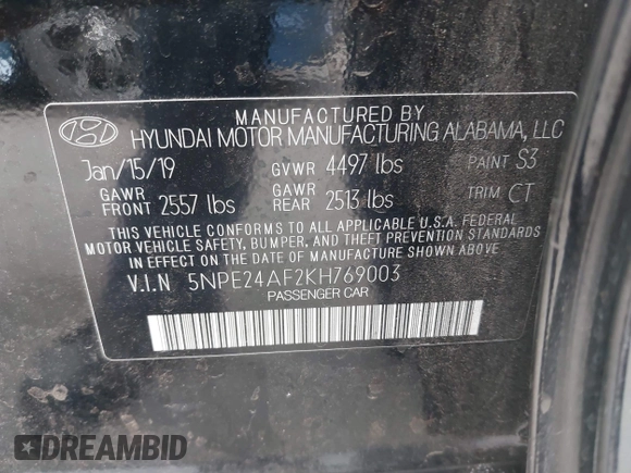 2019 Hyundai Sonata SE with VIN 5NPE24AF2KH769003, listed as a IAAI auction lot 41545076 with 88,248 mi miles and . Bid and sale history available at carsss.com. Image 9.