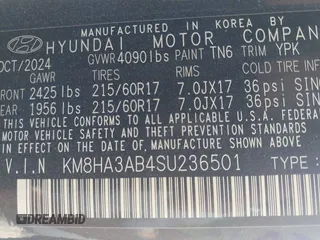 2025 Hyundai Kona SE with VIN KM8HA3AB4SU236501, listed as a IAAI auction lot 41595123 with 3,697 mi miles. Bid and sale history available at carsss.com. Image 9.