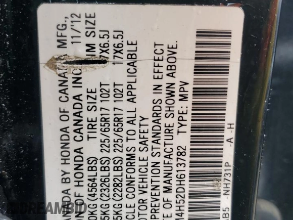 2013 Honda CR-V EX z VIN 2HKRM4H52DH613782, wystawiony jako Copart lot #57935265 z przebiegiem 205 043 mil mil oraz Szkoda całkowita • Salvage title. Historia ofert i sprzedaży dostępna na DreamBid. Obrazek 13.