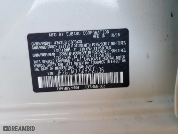 2019 Subaru Crosstrek Premium with VIN JF2GTACC5K8255136, listed as a Copart auction lot 73761054 with 72,571 mi miles and Salvage Title. Bid and sale history available at carsss.com. Image 12.
