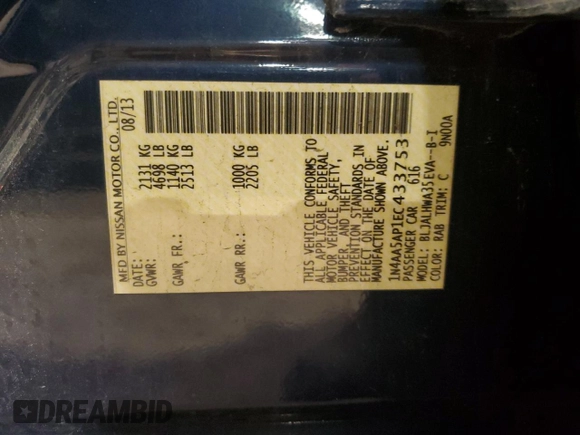 2014 Nissan Maxima S z VIN 1N4AA5AP1EC433753, wystawiony jako Copart lot #60191935 z przebiegiem 131 935 mil mil oraz Szkoda całkowita • Salvage title. Historia ofert i sprzedaży dostępna na DreamBid. Obrazek 12.