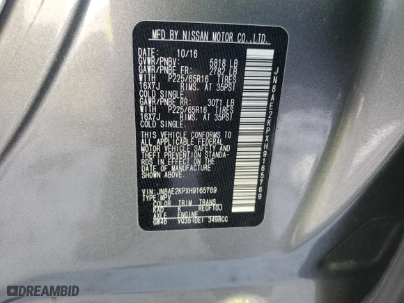 2017 Nissan Quest SV with VIN JN8AE2KPXH9165769, listed as a Copart auction lot 89239835 with 82097 miles and Salvage Title. Bid and sale history available at carsss.com. Image 13.