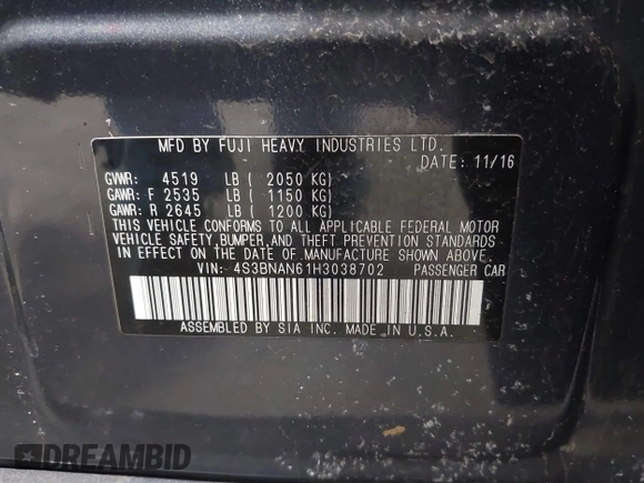 2017 Subaru Legacy Limited with VIN 4S3BNAN61H3038702, listed as a IAAI auction lot 41799555 with 134,165 mi miles. Bid and sale history available at carsss.com. Image 9.