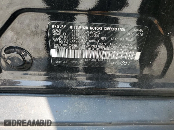 2020 Mitsubishi Outlander ES with VIN JA4AP3AU4LU017135, listed as a Copart auction lot 59336795 with 91,576 mi miles and Salvage title. Bid and sale history available at DreamBid. Image 13.