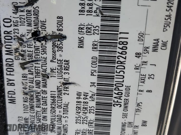 2013 Ford Fusion SE Hybrid with VIN 3FA6P0LU5DR266811, listed as a Copart auction lot 48281555 with 177,475 mi miles and Salvage title. Bid and sale history available at DreamBid. Image 12.