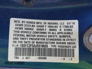 2018 Honda Civic Sedan LX with VIN 19XFC2F53JE019635, listed as a IAAI auction lot 41537152 with 74,958 mi miles. Bid and sale history available at carsss.com. Image 9.