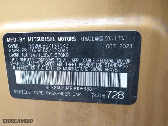2024 Mitsubishi Mirage ES with VIN ML32AUHJ4RH005388, listed as a IAAI auction lot 41611223 with 9,505 mi miles. Bid and sale history available at carsss.com. Image 9.