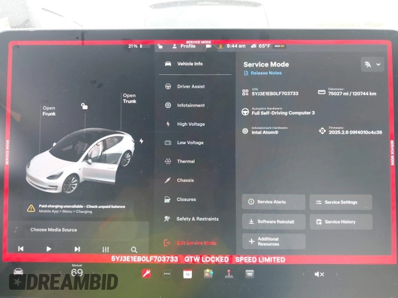 2020 Tesla Model 3 Long Range with VIN 5YJ3E1EB0LF703733, listed as a IAAI auction lot 41796732 with 75,027 mi miles. Bid and sale history available at carsss.com. Image 17.