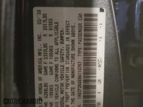 2009 Honda Accord LX-P with VIN 1HGCP26469A110767, listed as a Copart auction lot 44794915 with 156,932 mi miles and Salvage Title. Bid and sale history available at DreamBid. Image 15.
