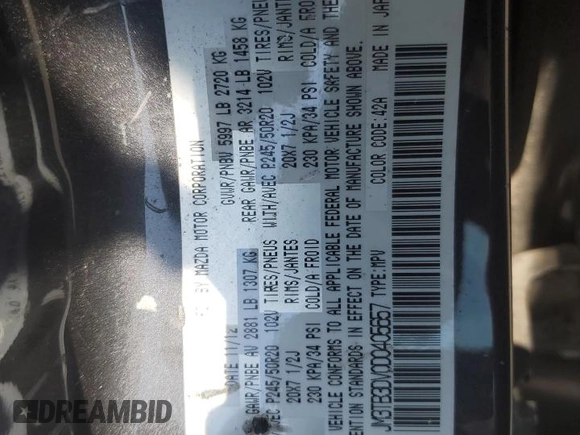 2013 Mazda CX-9 Grand Touring with VIN JM3TB3DV0D0405657, listed as a Copart auction lot 62142165 with 77,951 mi miles and Salvage title. Bid and sale history available at DreamBid. Image 14.
