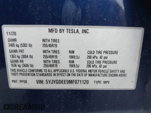 2021 Tesla Model Y Long Range with VIN 5YJYGDEE9MF071120, listed as a IAAI auction lot 40870088 with 73,438 mi miles and . Bid and sale history available at carsss.com. Image 9.