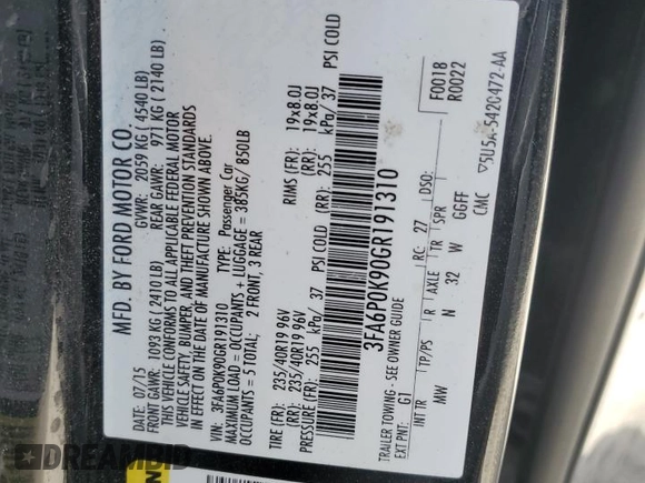 2016 Ford Fusion Titanium with VIN 3FA6P0K90GR191310, listed as a Copart auction lot 54839775 with 168,646 mi miles and Salvage title. Bid and sale history available at DreamBid. Image 12.