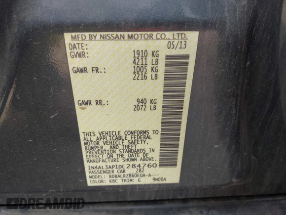 2013 Nissan Altima 2.5 S with VIN 1N4AL3AP1DC284760, listed as a IAAI auction lot 42003121 with 113,442 mi miles and . Bid and sale history available at carsss.com. Image 9.