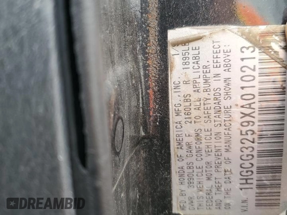 1999 Honda Accord EX z VIN 1HGCG3259XA010213, wystawiony jako Copart lot #54174875 z przebiegiem Nie podano mil oraz Szkoda całkowita • Salvage title. Historia ofert i sprzedaży dostępna na DreamBid. Obrazek 12.