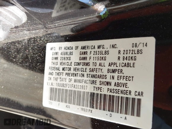 2015 Acura TLX V6 with VIN 19UUB2F31FA003907, listed as a IAAI auction lot 42292024 with 92,170 mi miles and . Bid and sale history available at DreamBid. Image 9.