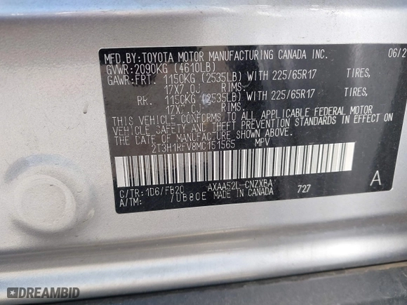 2021 Toyota RAV4 LE with VIN 2T3H1RFV8MC151565, listed as a IAAI auction lot 41750607 with 77,741 mi miles. Bid and sale history available at carsss.com. Image 9.
