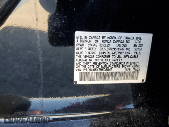 2007 Honda Ridgeline RTL w/Leather with VIN 2HJYK16547H528843, listed as a Copart auction lot 60605824 with 0 mi miles and Salvage Title. Bid and sale history available at carsss.com. Image 13.